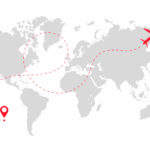 Airplane path in dotted line shape on world map. Route of plane with world map isolated on white background